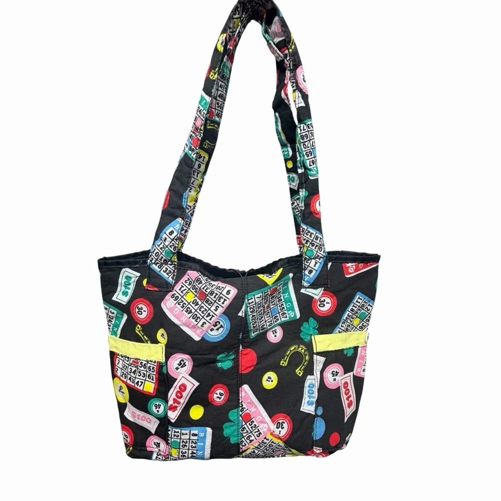 Bingo Print Tote Bag Black Multicolor Shoulder Bag Lucky Clover‎ Casino Theme